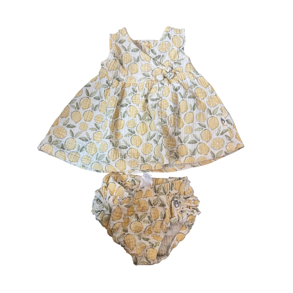 Rabbit Bear Organic Dress Set Baby Girls‎ 6-9M Lemon White Ruffle Bloomers Cute